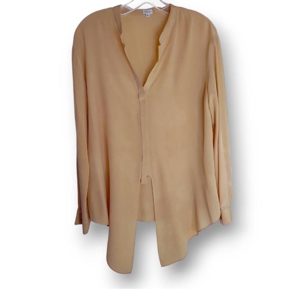 Babaton Tan Silk Long Sleeve Blouse Front Hidden Placket Long Front Tie …